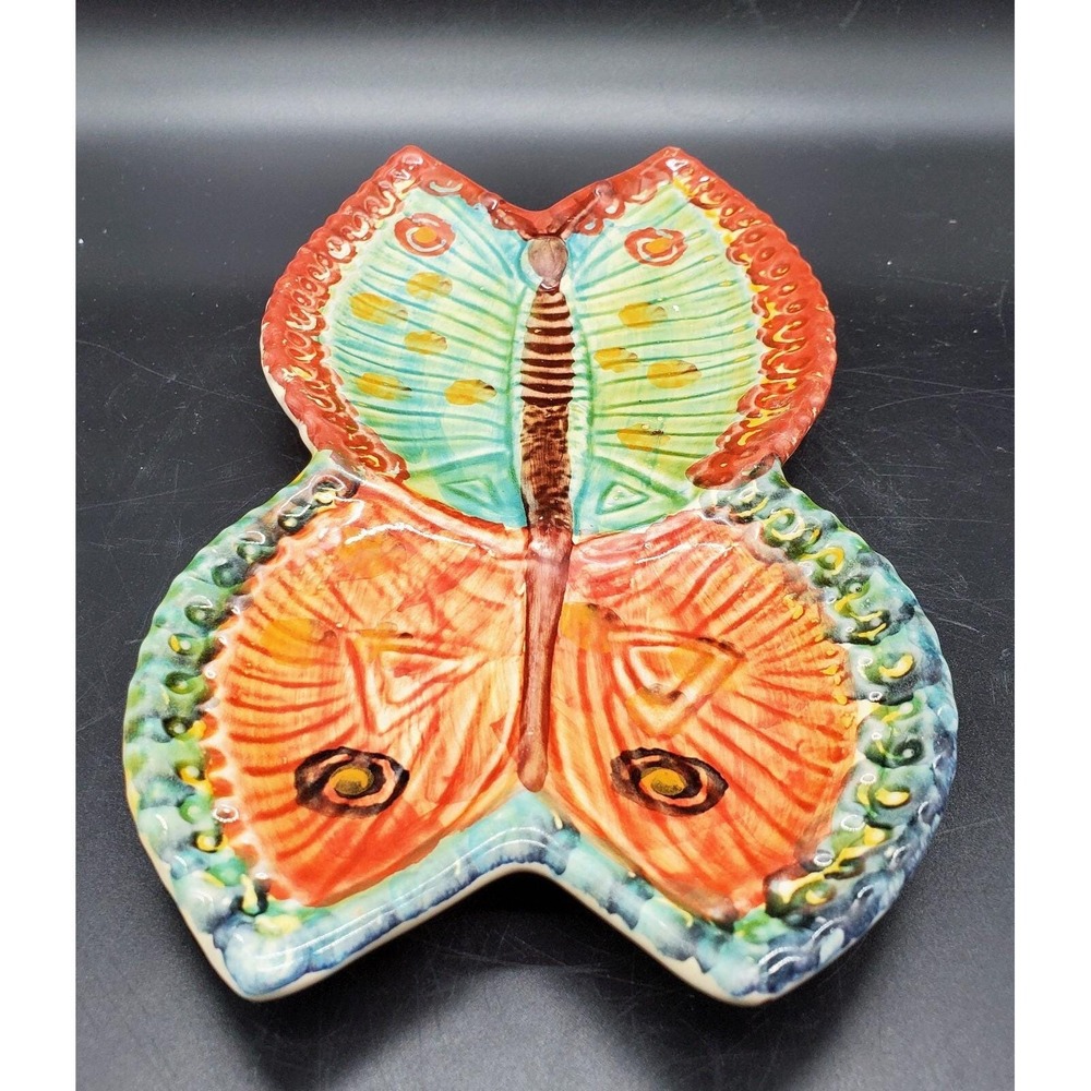 Hand Painted Italian Ceramic Spoon Rest Butterfly 10"